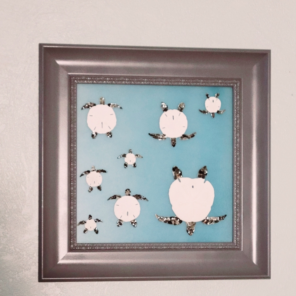 24" x 24" HANDMADE SAND DOLLAR & OYSTER SHELL SEA TURTLES ON SEAGLASS PICTURE